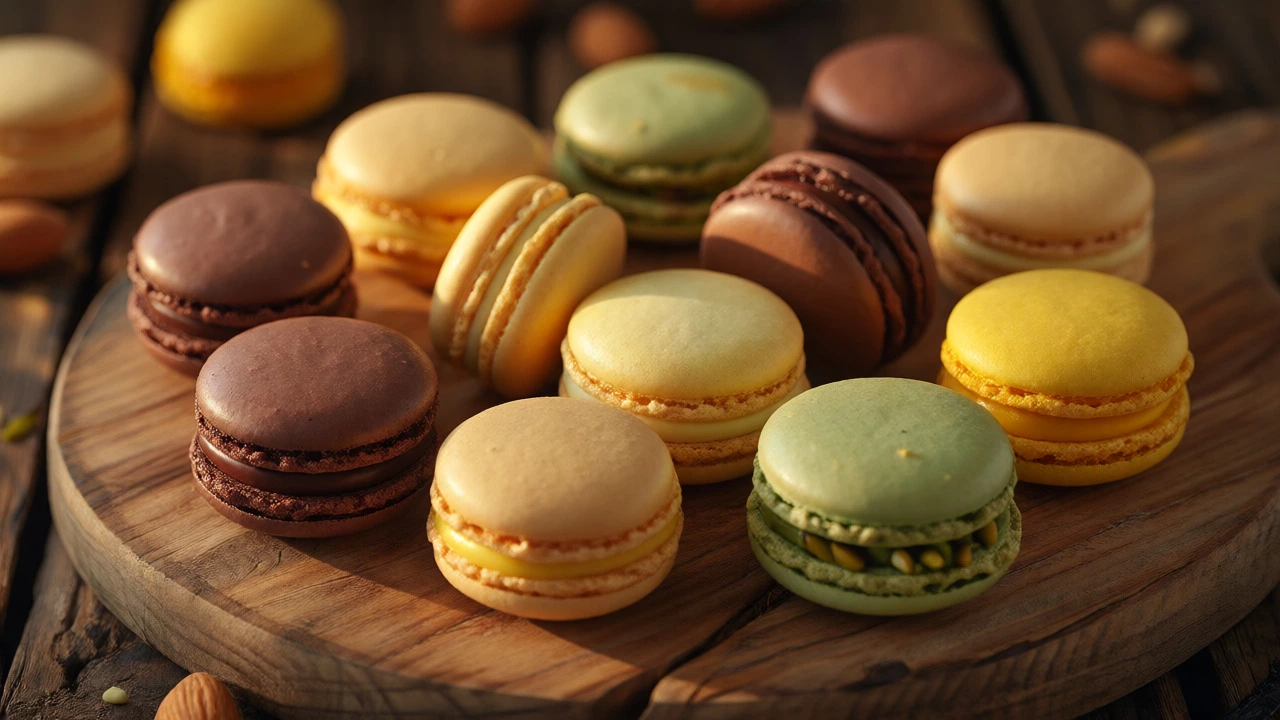 Assorted French macarons with various fillings arranged on a wooden board