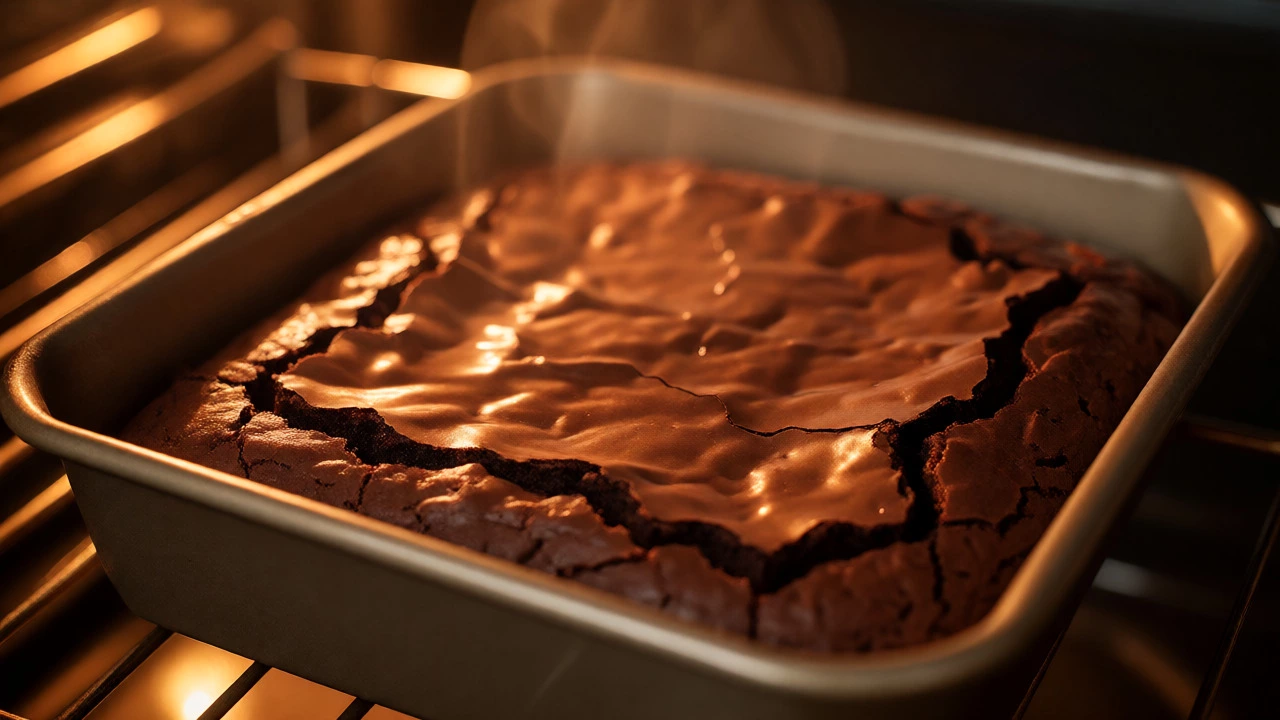 Brownies baking in an oven, showing early cracks on the glossy surface.