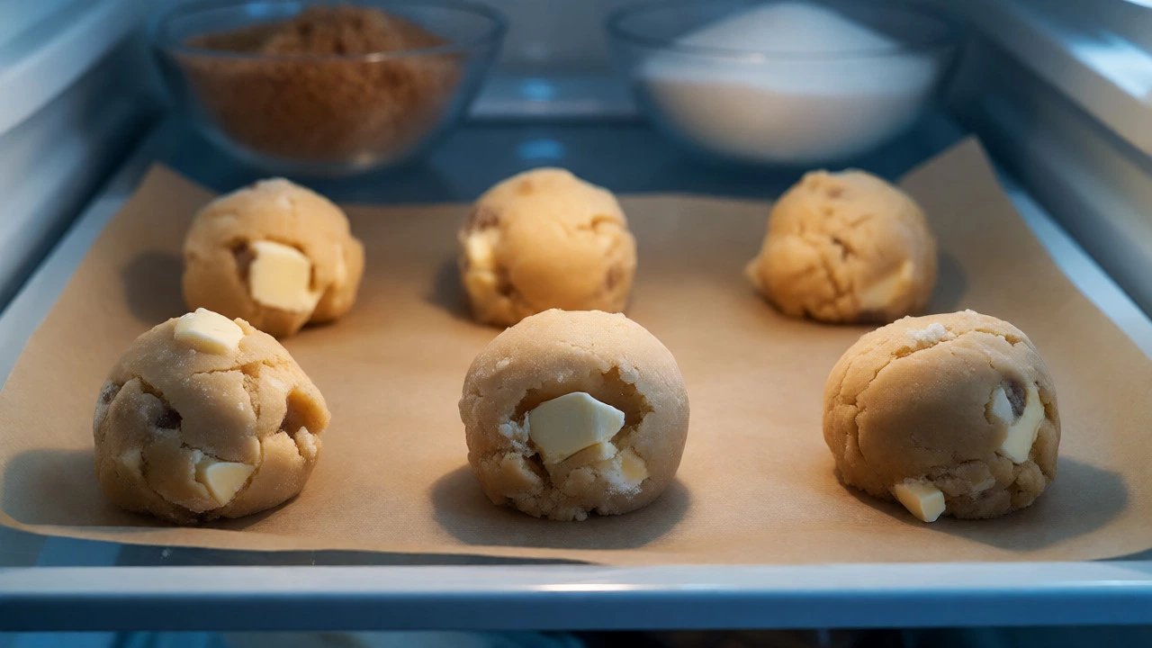 Chilled cookie dough balls resting on parchment paper inside a refrigerator.