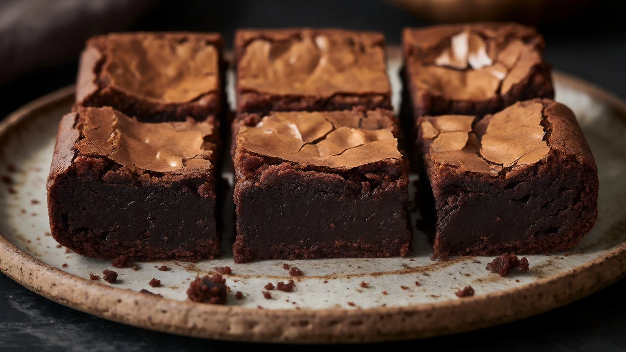 Close-up of a fudgy brownie with a crackly top and dense interior.