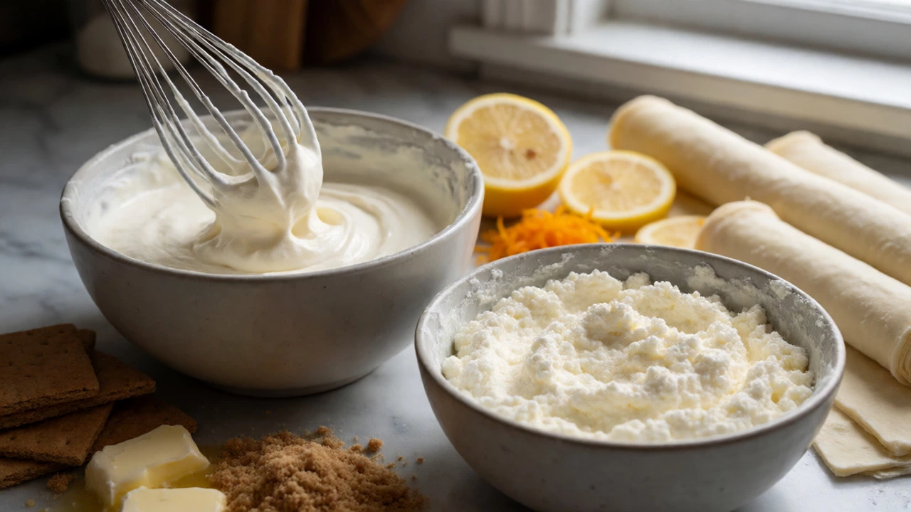 Close-up of cream cheese and ricotta ingredients alongside crust components.