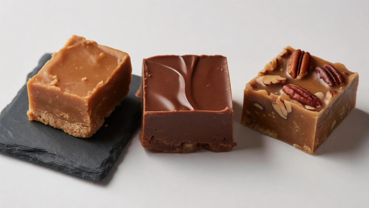 Comparison of crumbly, smooth ganache, and pecan praline fudge types on a table.