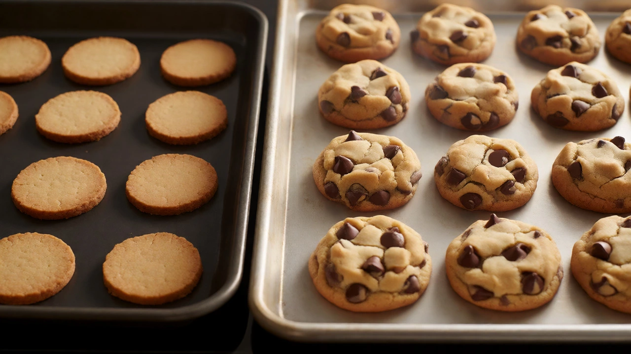 Comparison of flat cookies on a dark pan versus fluffy cookies on an aluminum pan.