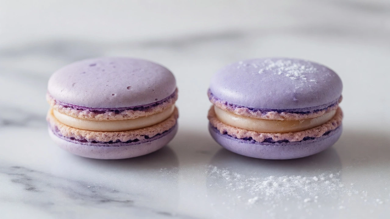 Comparison of fresh and matured macarons on a marble surface