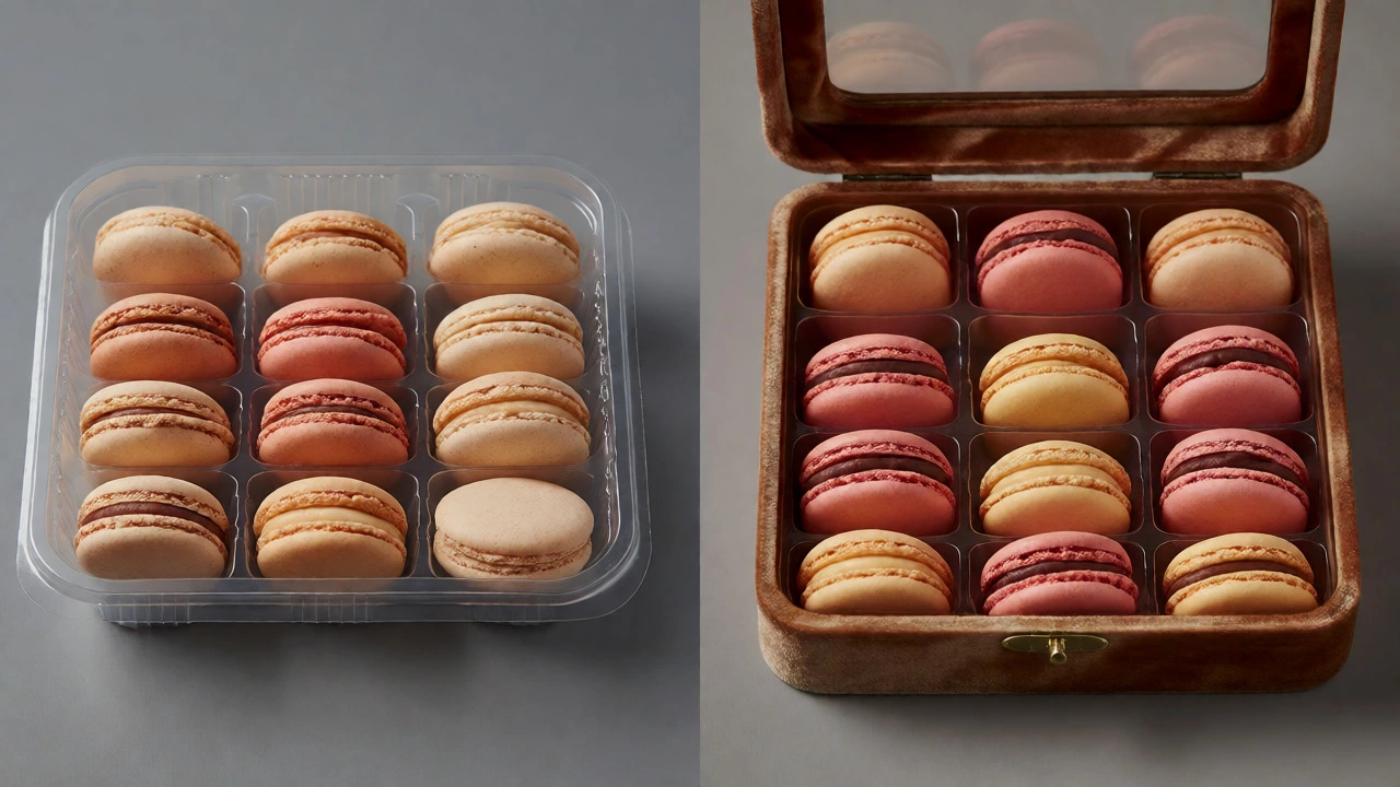 Comparison of supermarket vs luxury macaron packaging