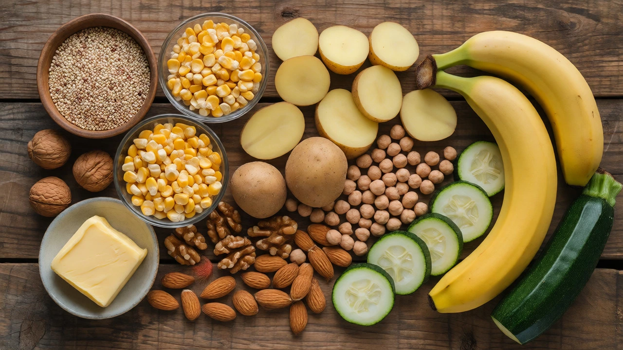 Flat lay of gluten-free baking ingredients like quinoa, nuts, fruits, and vegetables