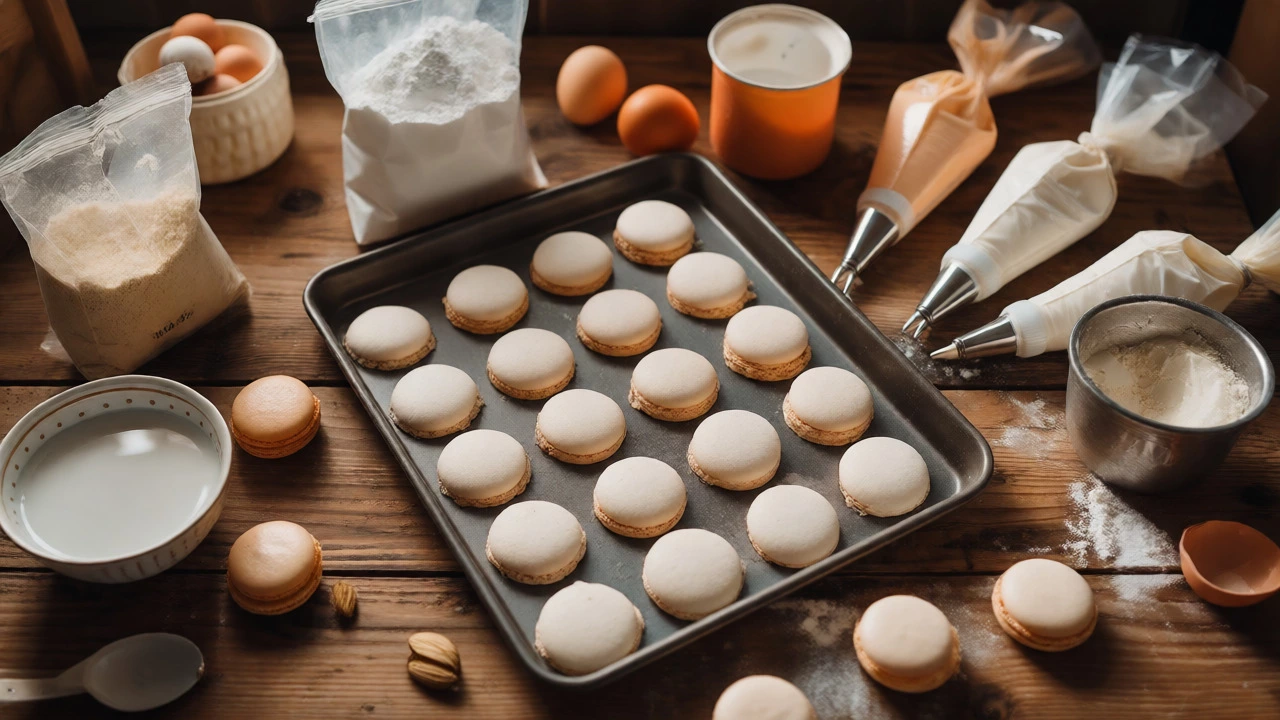 Homemade macaron ingredients and piped shells on wooden table