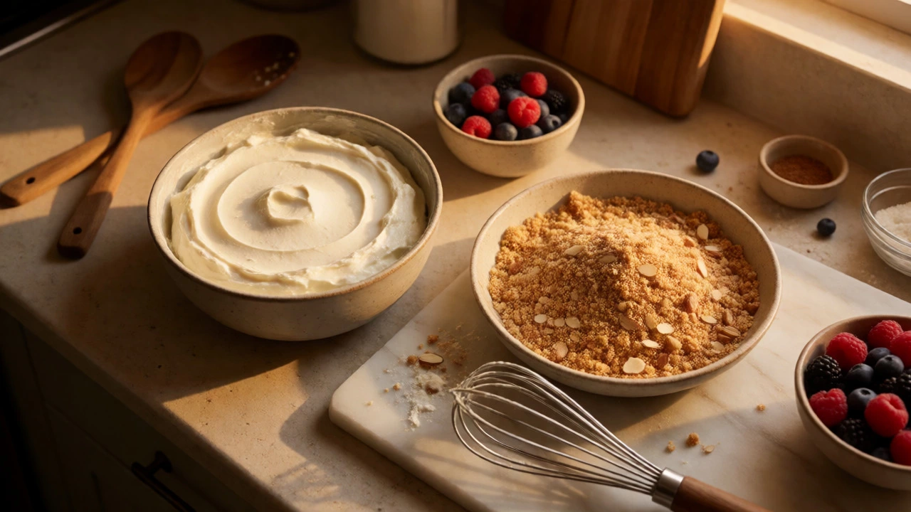 Ingredients for a gluten-free cheesecake on a kitchen counter