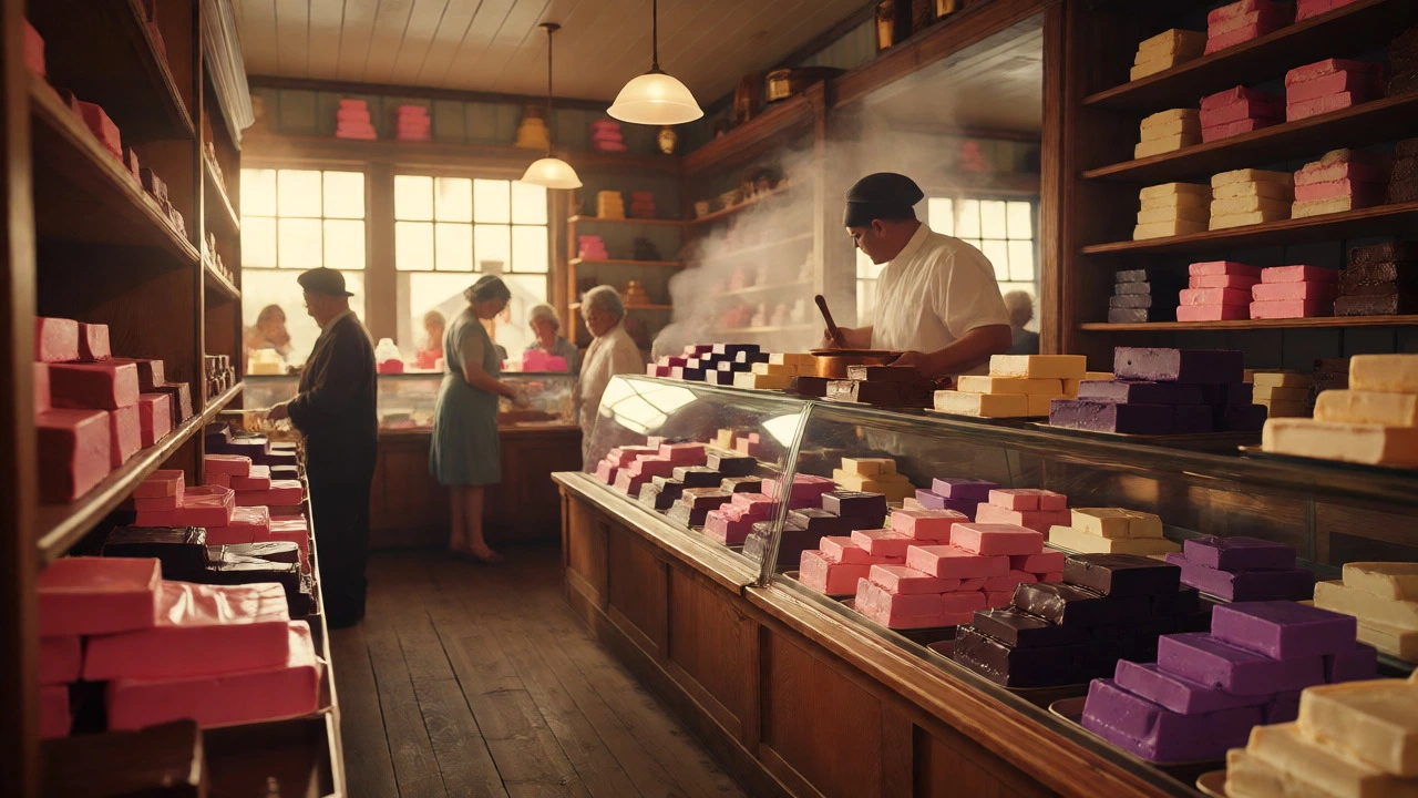 Interior of a busy fudge shop with colorful slabs and a confectioner at work.