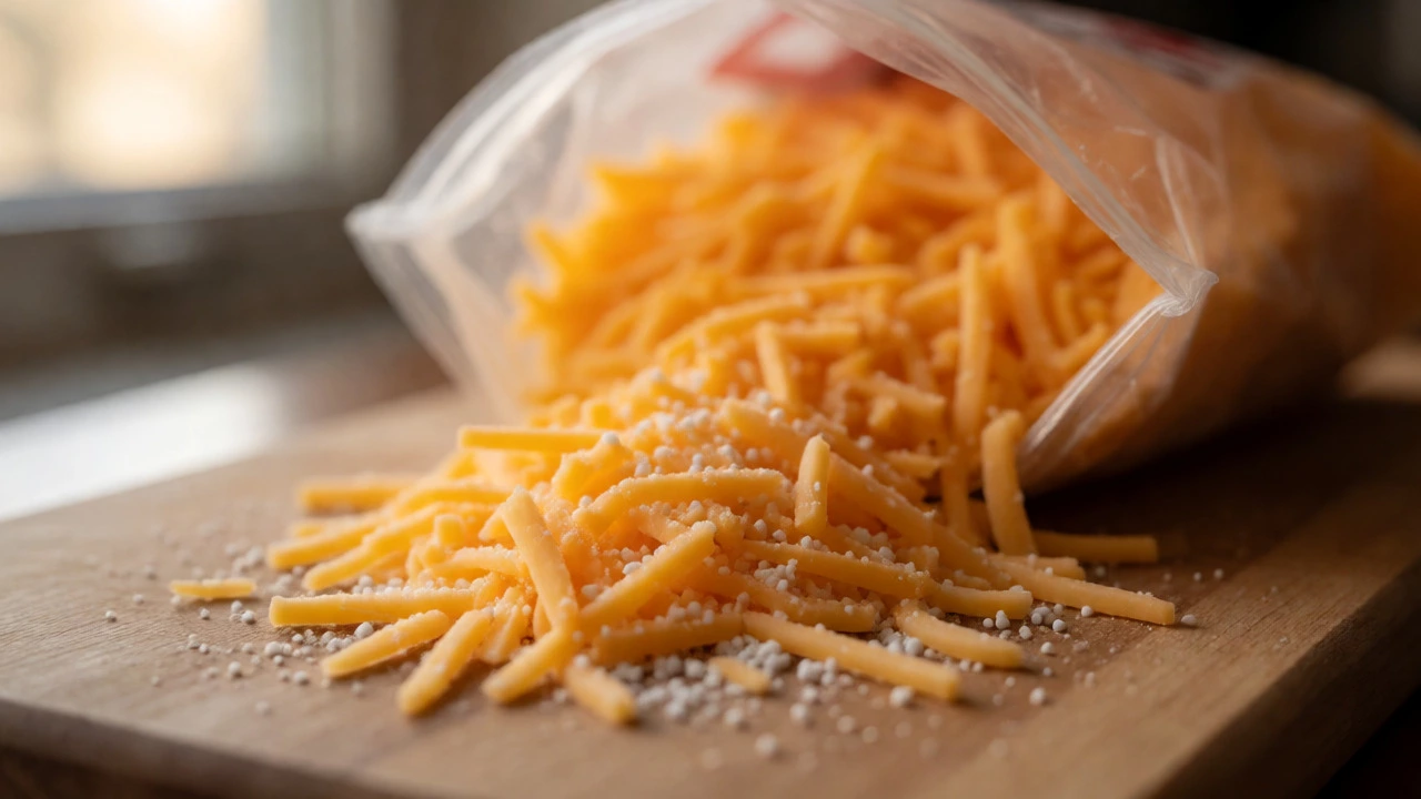Macro shot of shredded cheese with anti-caking agents on a board