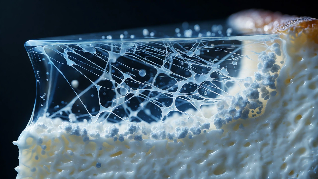 Macro view of flour particles stabilizing egg protein structures