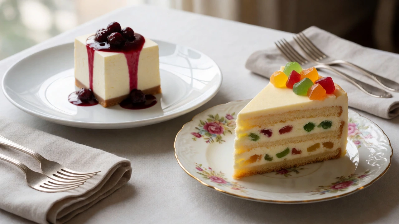 Plated New York and Sicilian cheesecakes highlighting texture and topping differences.