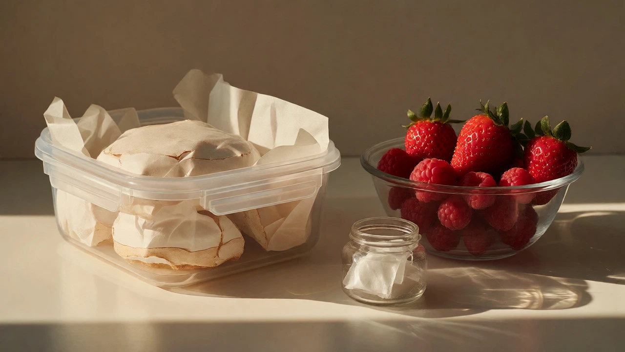 Separated pavlova bases and fresh berries for storage