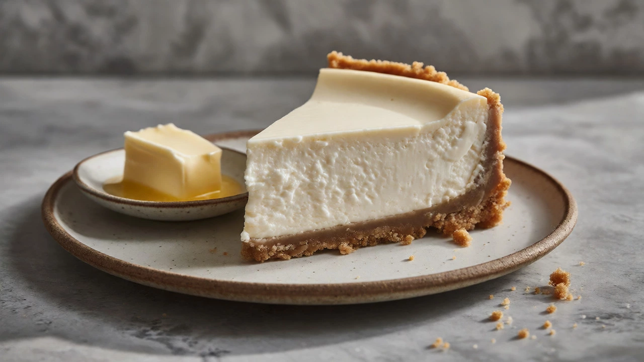 Sliced creamy cheesecake served next to a pat of melting butter.