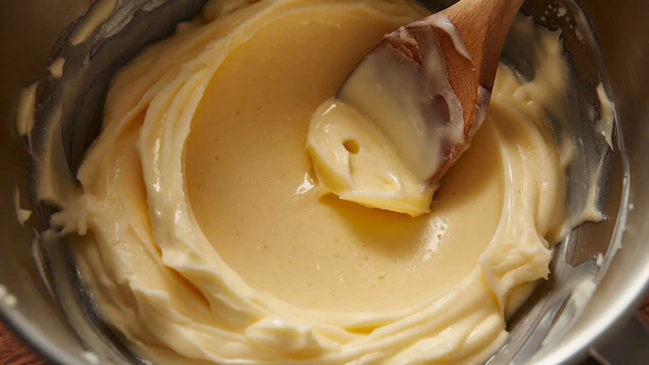 Softened butter being creamed with sugar in a metal mixing bowl.