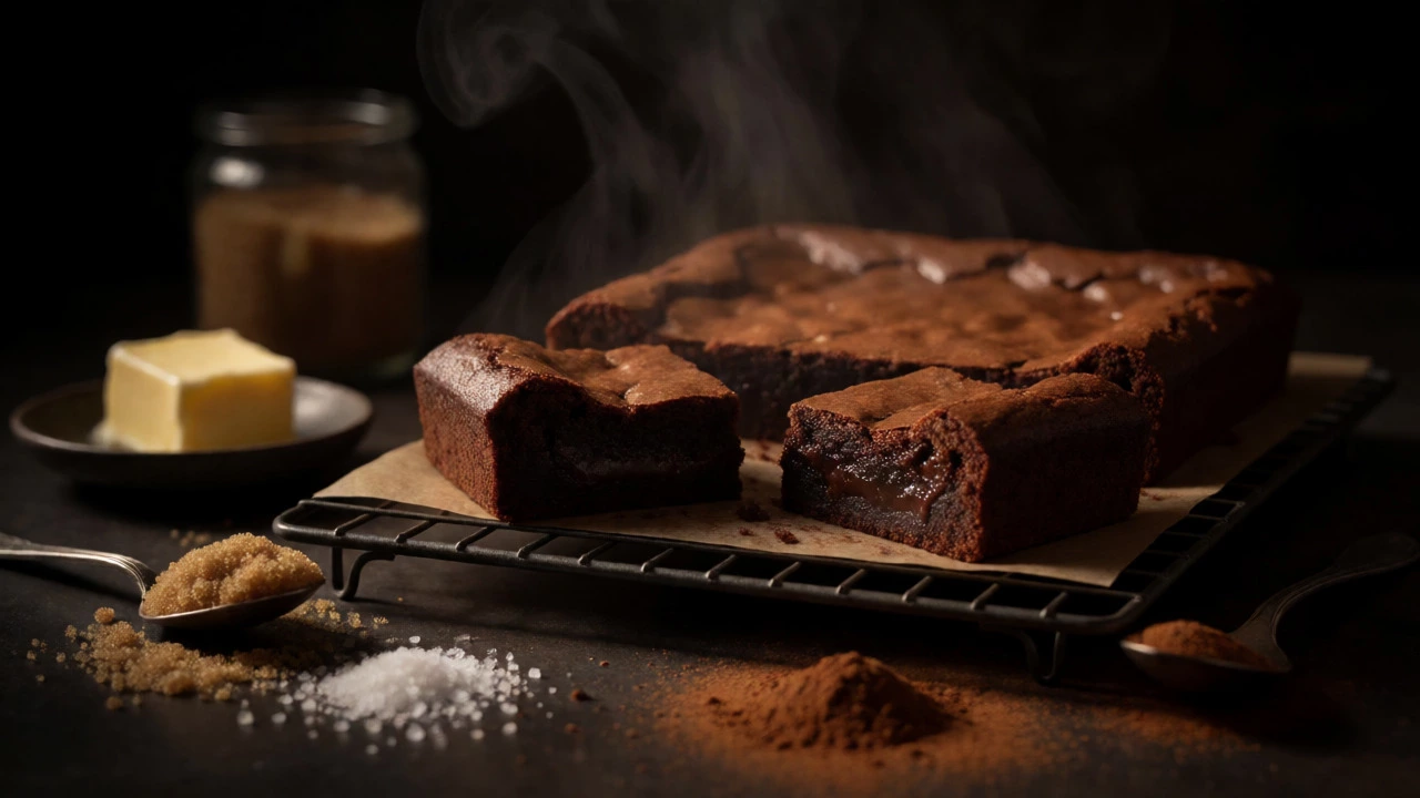 Warm brownies on a cooling rack with baking ingredients nearby.