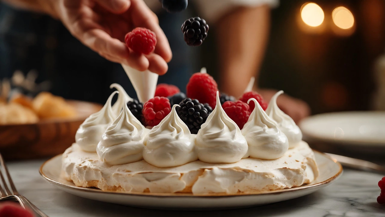 Whipped cream being piped onto pavlova with berries