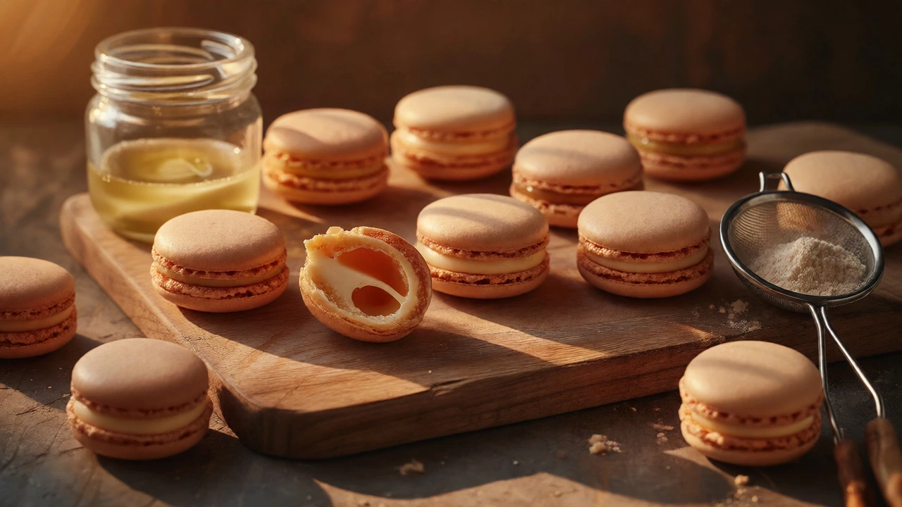 Assorted macarons on wood board with ingredients highlighting texture