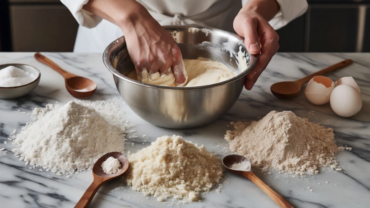 Baker mixing gluten-free batter with rice, almond, and coconut flours