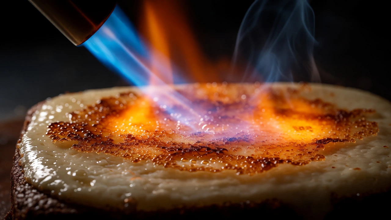 Blowtorch caramelizing the surface of a pale brownie