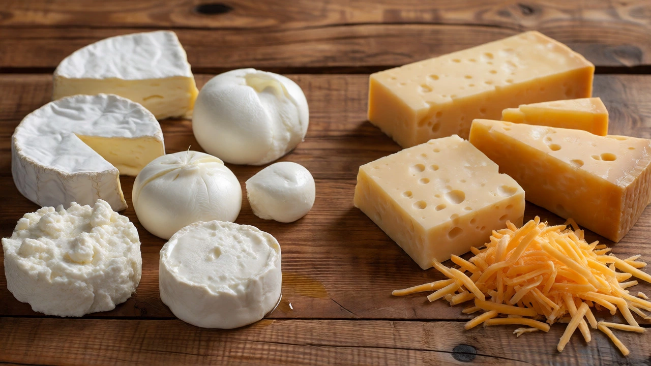 Comparison of soft, weeping cheeses and firm, dry hard cheeses on a table