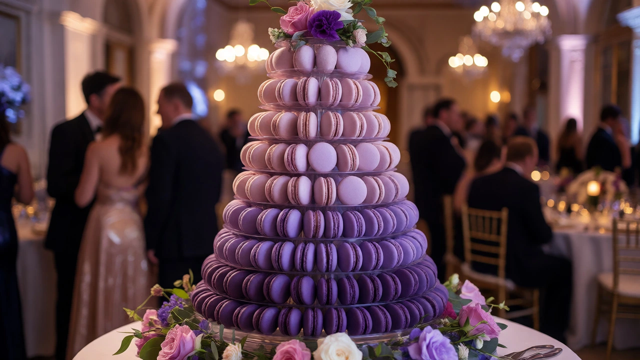 Grand four-tiered macaron tower displayed at an elegant evening event.