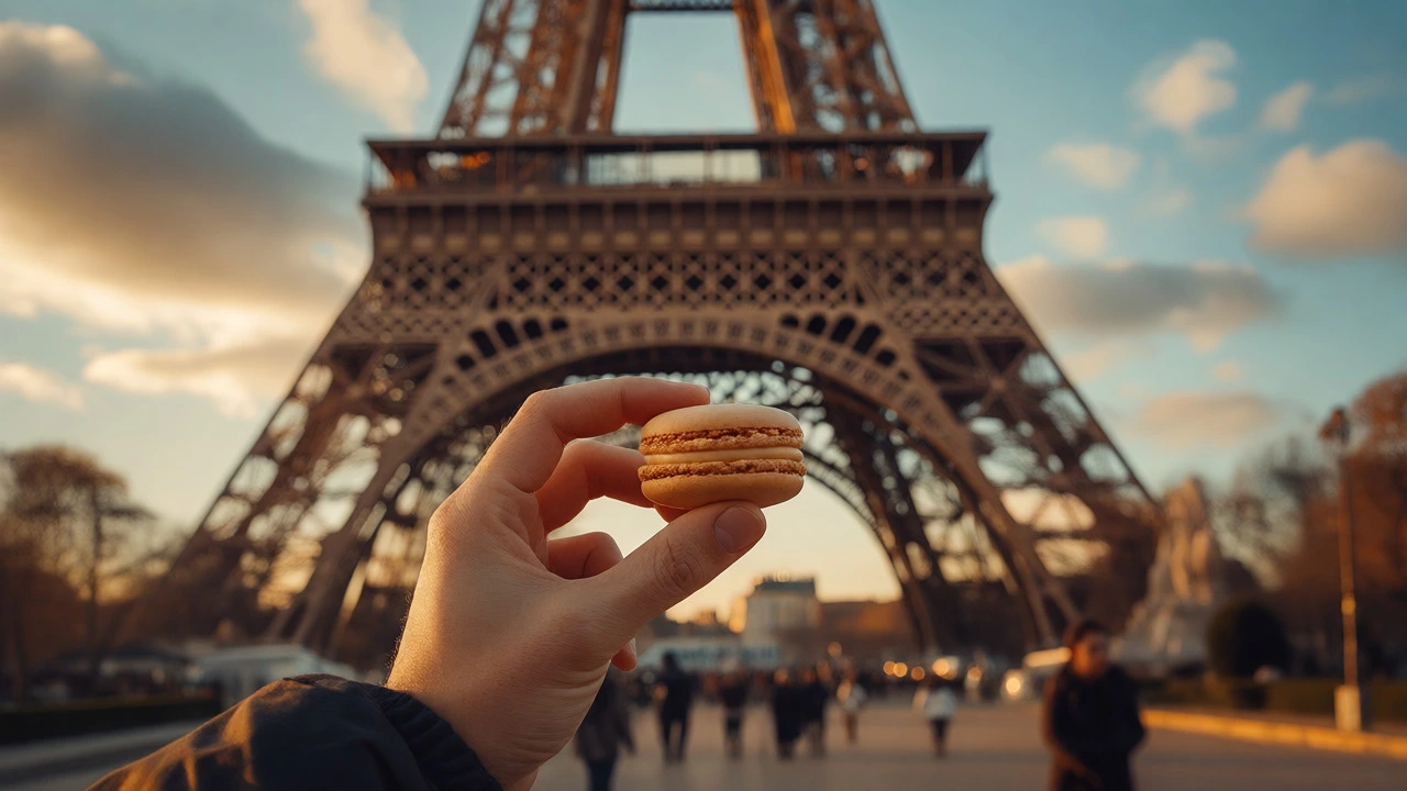 Hand holding a macaron with the Eiffel Tower blurred in the background