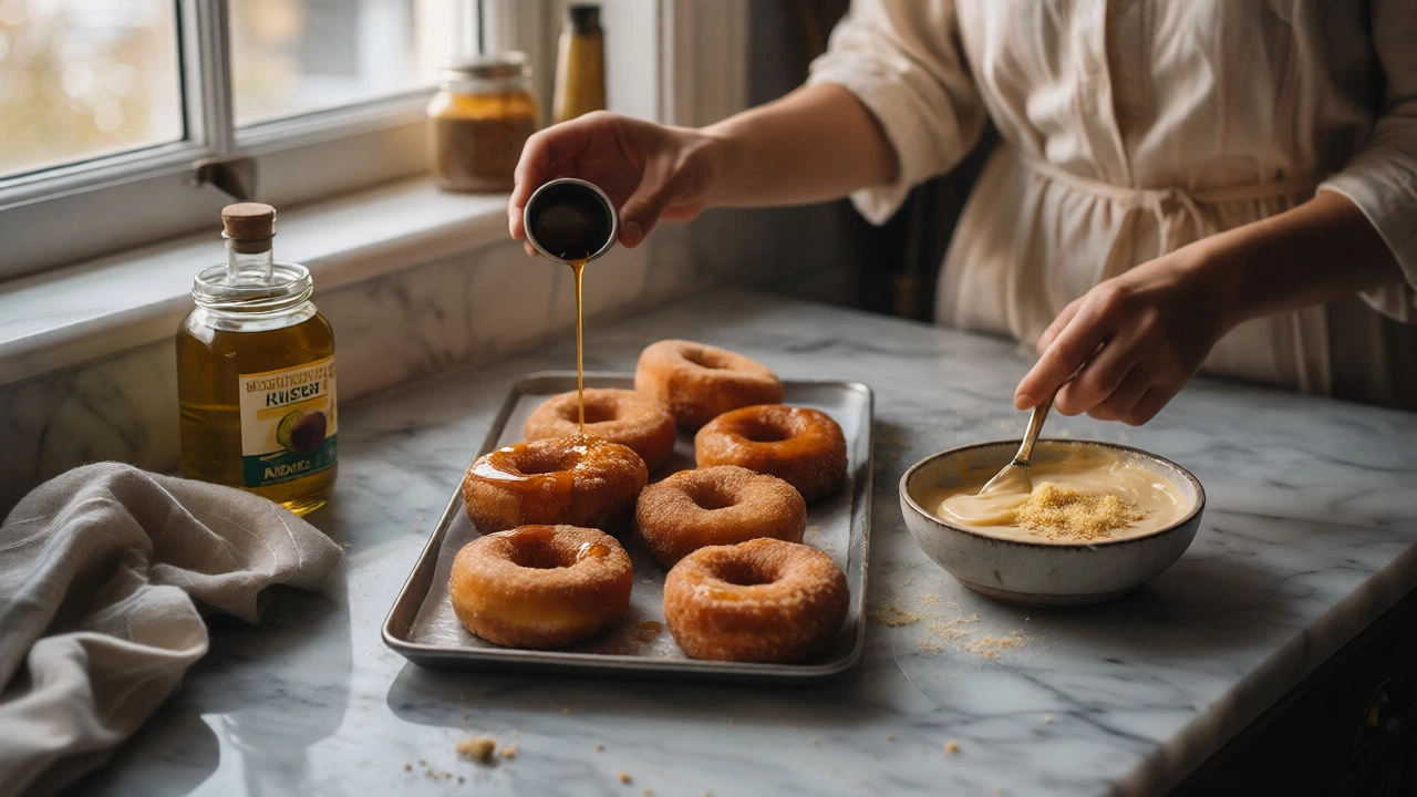 Hands preparing homemade vegan donuts with maple glaze and cashew cheese sauce.
