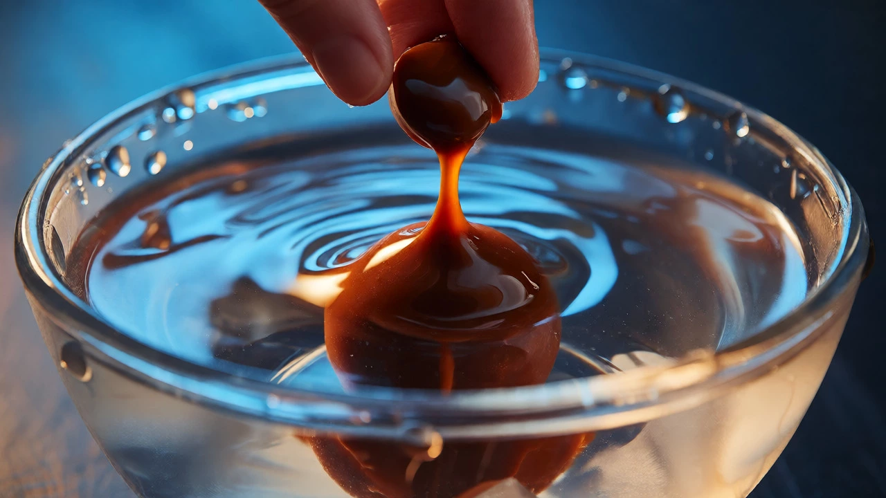 Hot fudge mixture dropped into ice water to test consistency