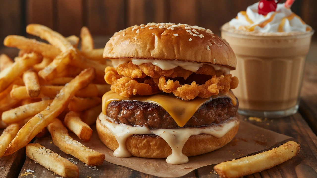 Loaded vegan burger with melted cheese and onion rings alongside fries and a milkshake.