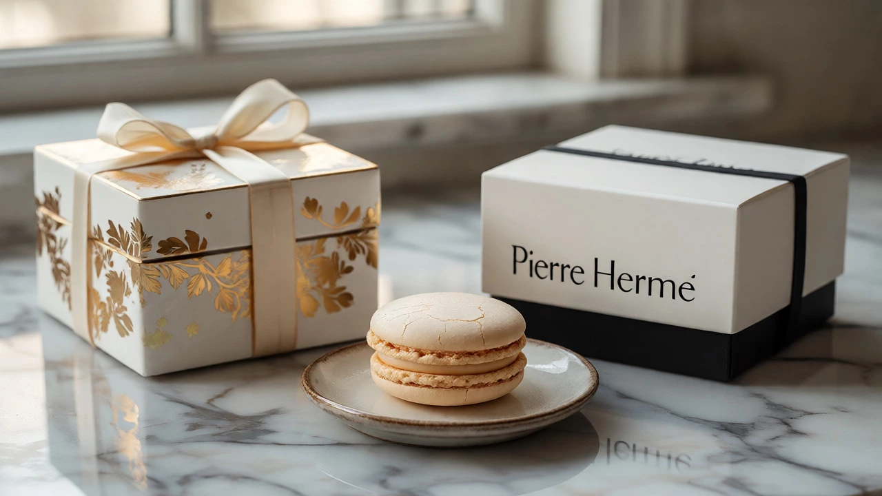 Luxury macaron boxes and a single pastry on a marble counter