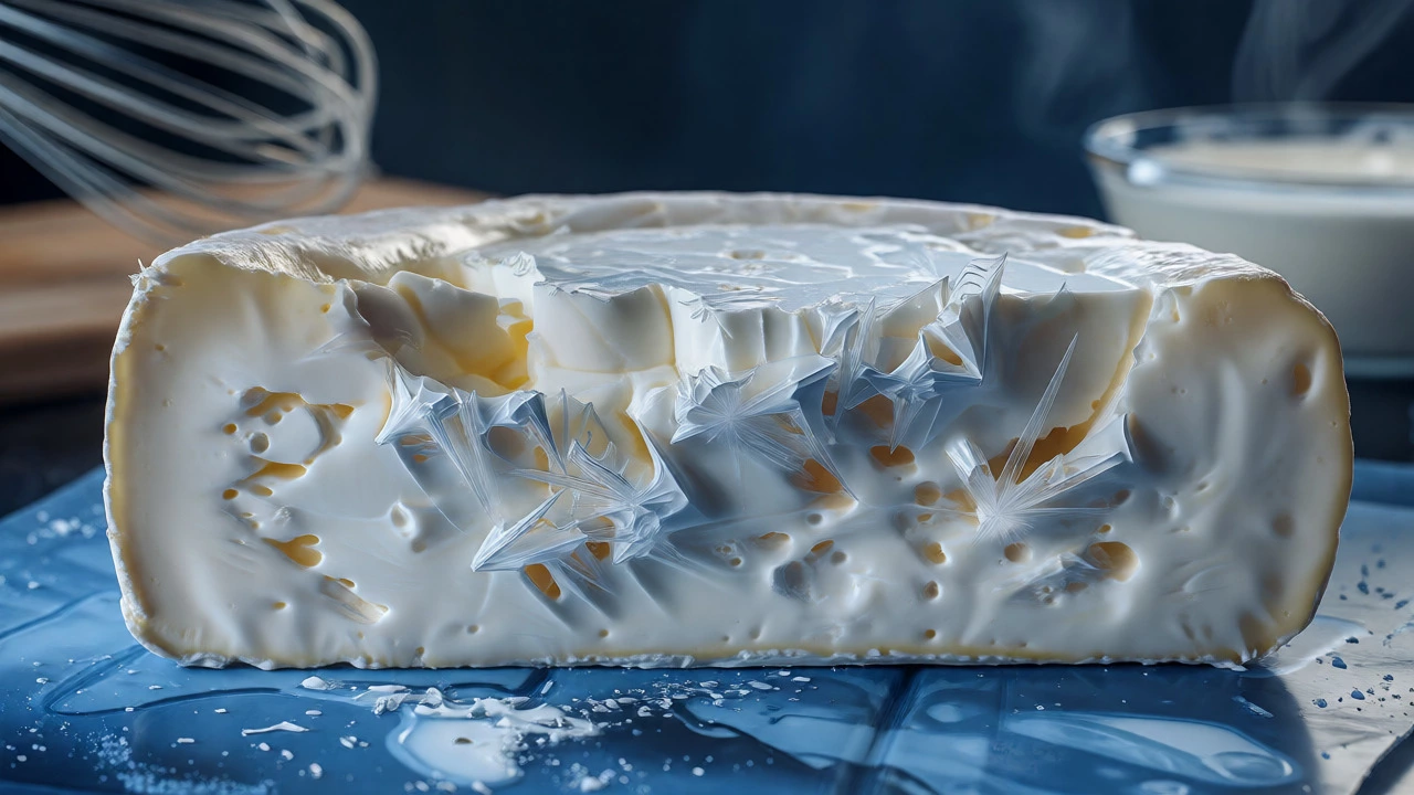 Macro view of ice crystals disrupting the structure of soft cheese