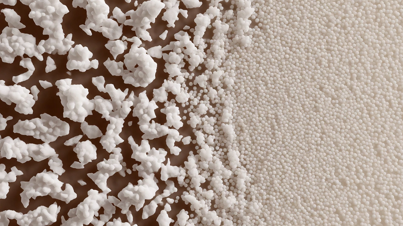 Microscopic view comparing grainy sugar crystals to smooth micro-crystals in fudge.