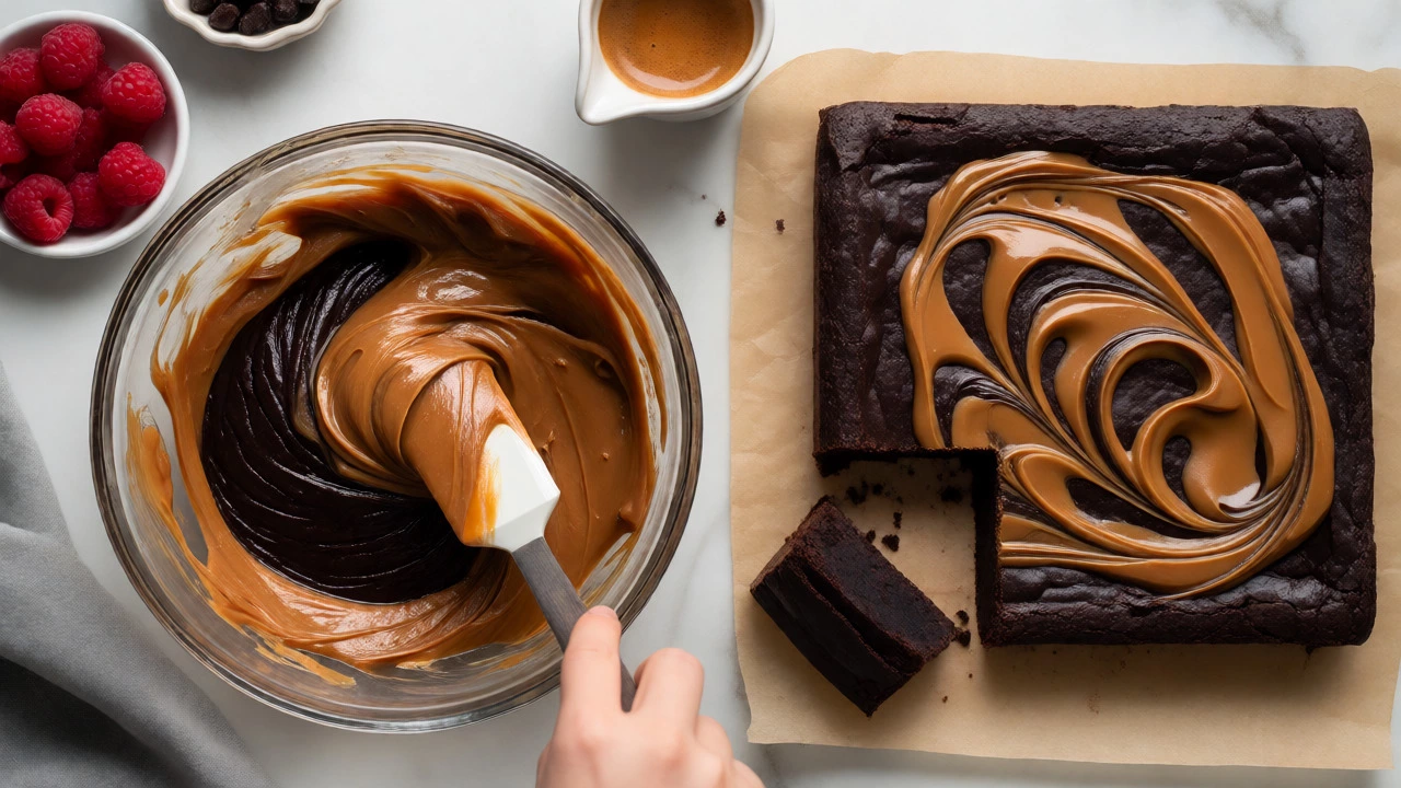 Overhead view of folding dulce de leche into batter next to baked brownies and raspberry garnish.