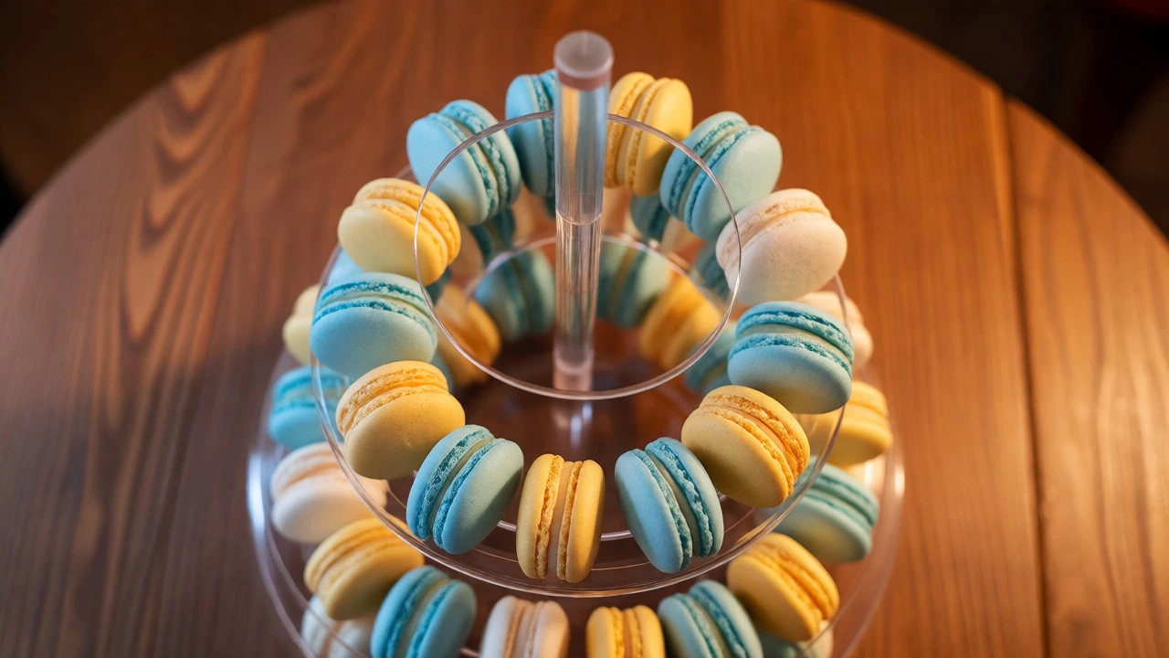Partial assembly of a tiered macaron tower showing central support rod.