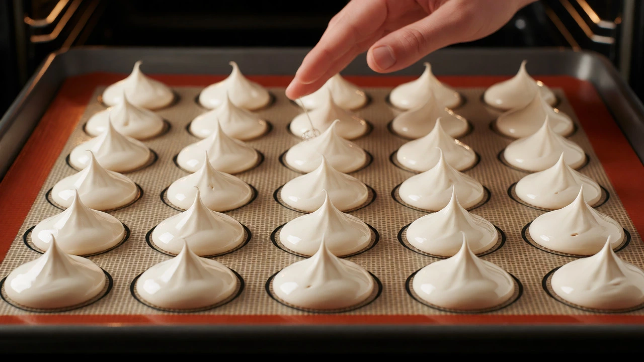 Piped macaron batter resting on a silicone mat ready for baking