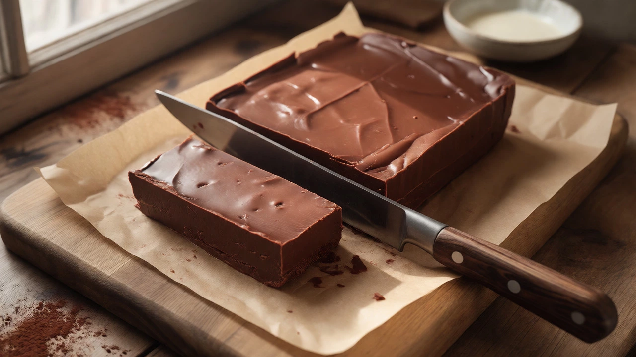 Sharp knife slicing through a firm block of chocolate fudge