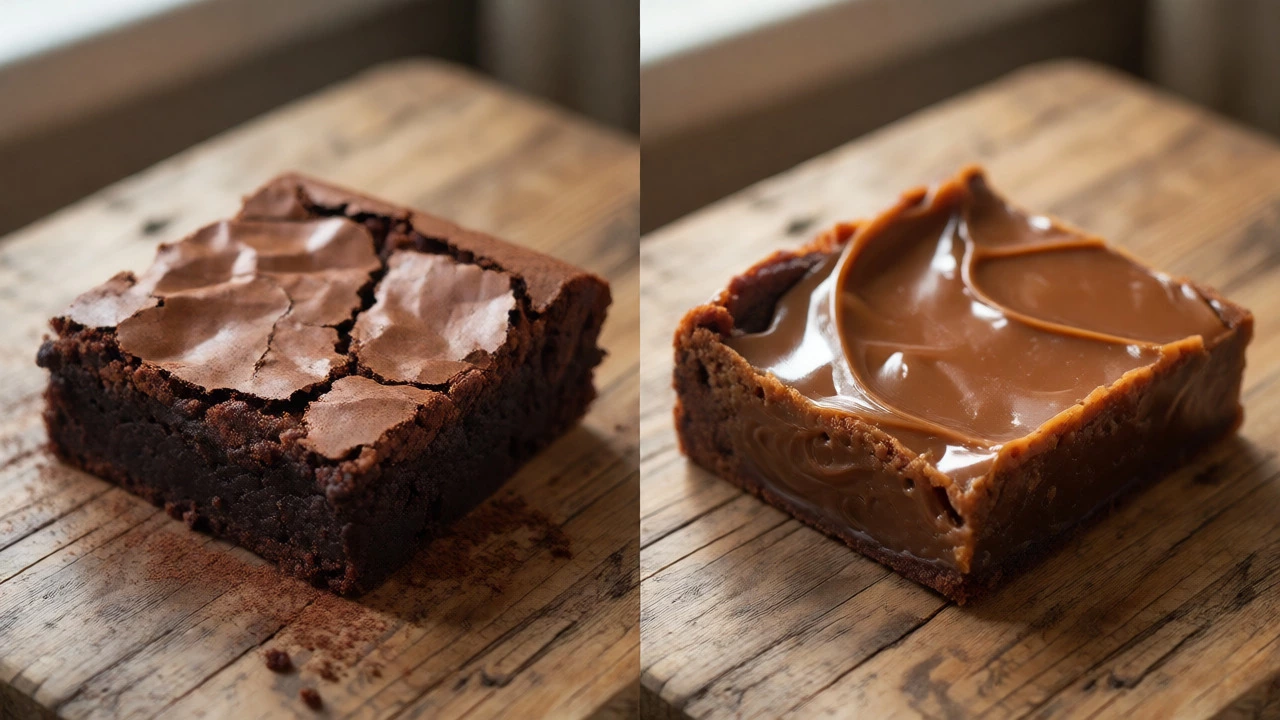 Side-by-side comparison of a firm classic brownie and a soft, glossy dulce de leche brownie.