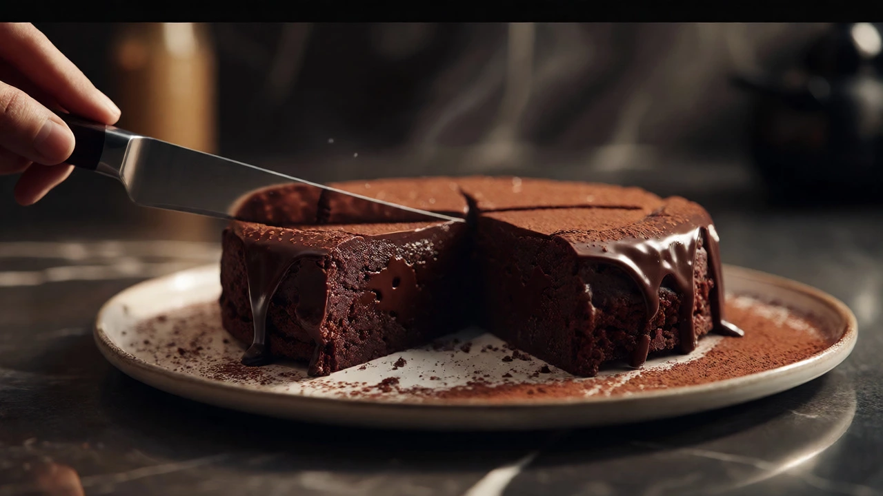 Slicing into a rich, fudgy chocolate mud cake with glossy ganache.