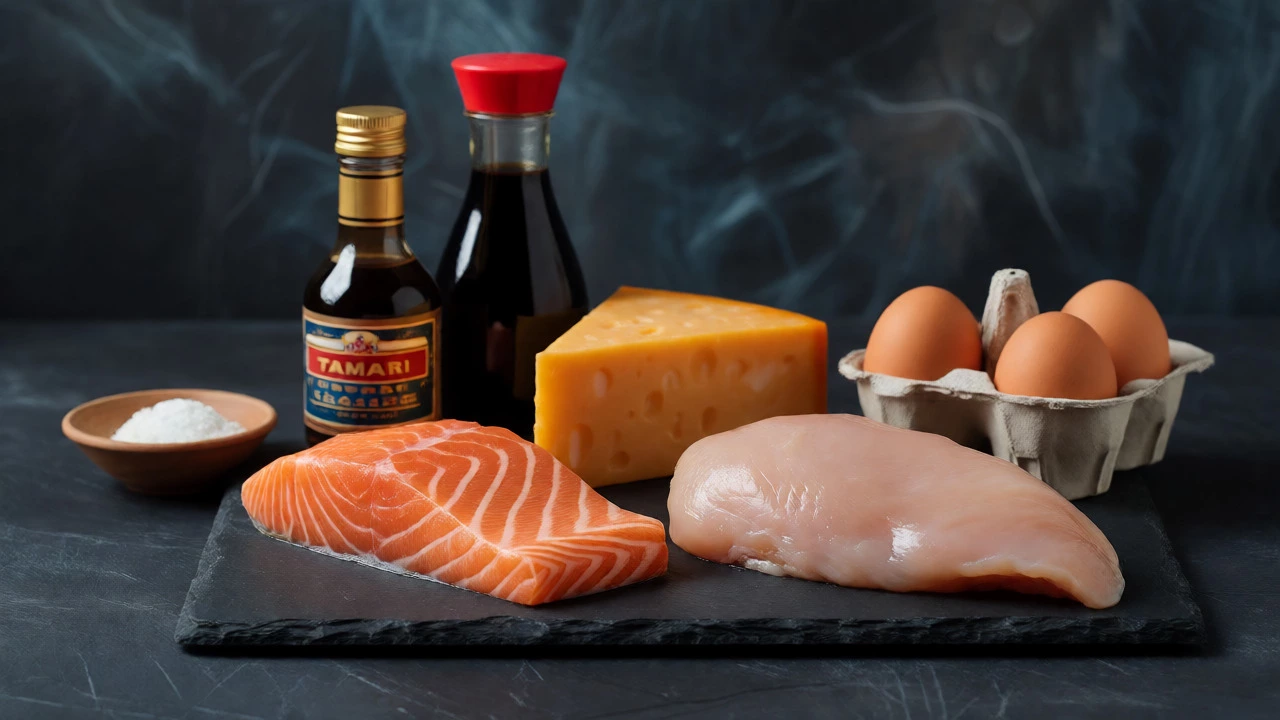 Still life of salmon, chicken, cheese, eggs, and tamari sauce on slate