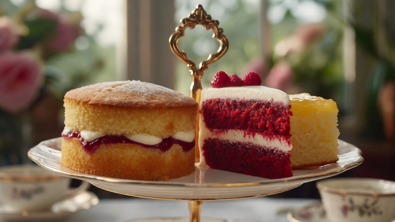 Tiered stand displaying Victoria Sponge, Red Velvet, and Lemon Drizzle cakes.