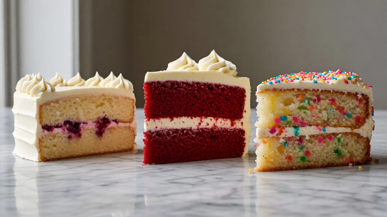 Vanilla, red velvet, and funfetti cakes displayed on a counter
