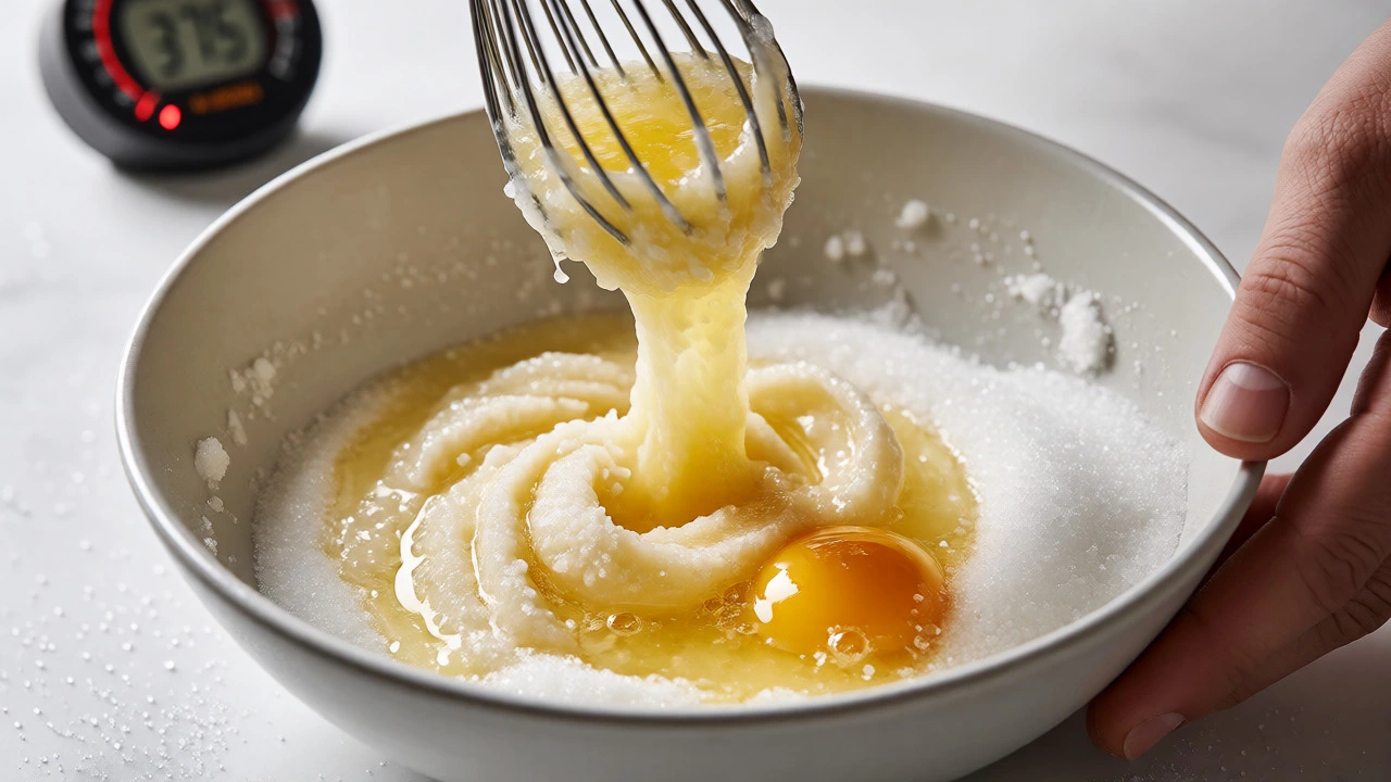 Whisking eggs and white sugar for shiny brownie crust formation