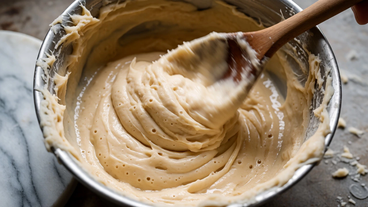 Wooden spoon beating thick, matte fudge mixture to incorporate air and create creaminess.